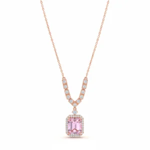 Rectangular pink rose quartz pendant with zircon border and bold stones on rose gold chain