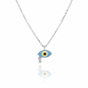 Mystic eye pendant in 925 sterling silver with blue centre and zircon stones on silver chain