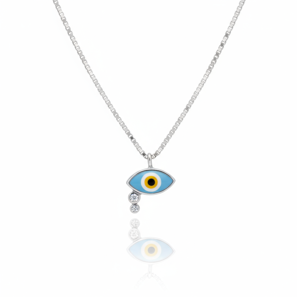 Mystic eye pendant in 925 sterling silver with blue centre and zircon stones on silver chain
