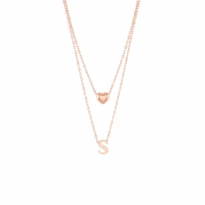 Dual-layer rose gold letter and heart charm necklace in sterling silver