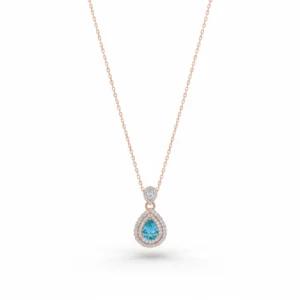 Azure blue pendant chain in 925 sterling silver with rose gold finish and teardrop stone
