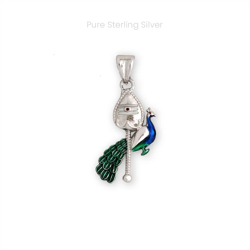Sterling silver Murugan Vel pendant with peacock and enamel detailing